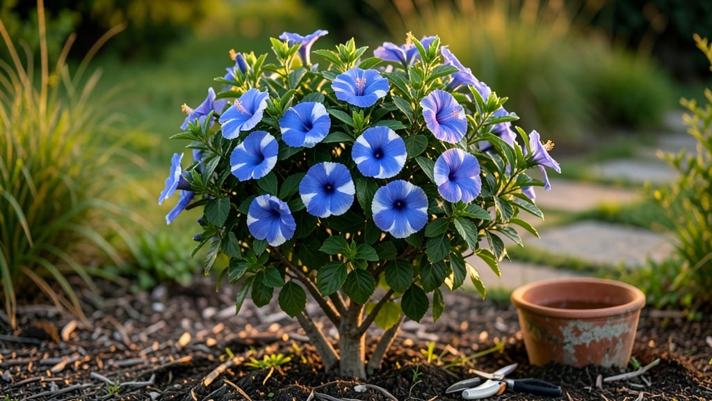 Blue and White Hibiscus Flower: Pacific Northwest's Frost-Resilient Vertical Jewel